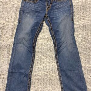 True Religion Men’s Straight Blue Denim Jeans with Contrast Stitching
